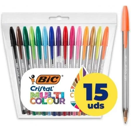 Bic Bolígrafo Cristal Multicolour, Pack de 15 Unidades, Colores Surtidos